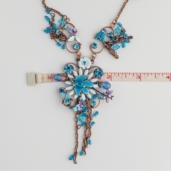 𝅺Copper Floral Pendant Necklace Statement Blue White Crystal Rhinestone Enamel - Picture 13 of 13